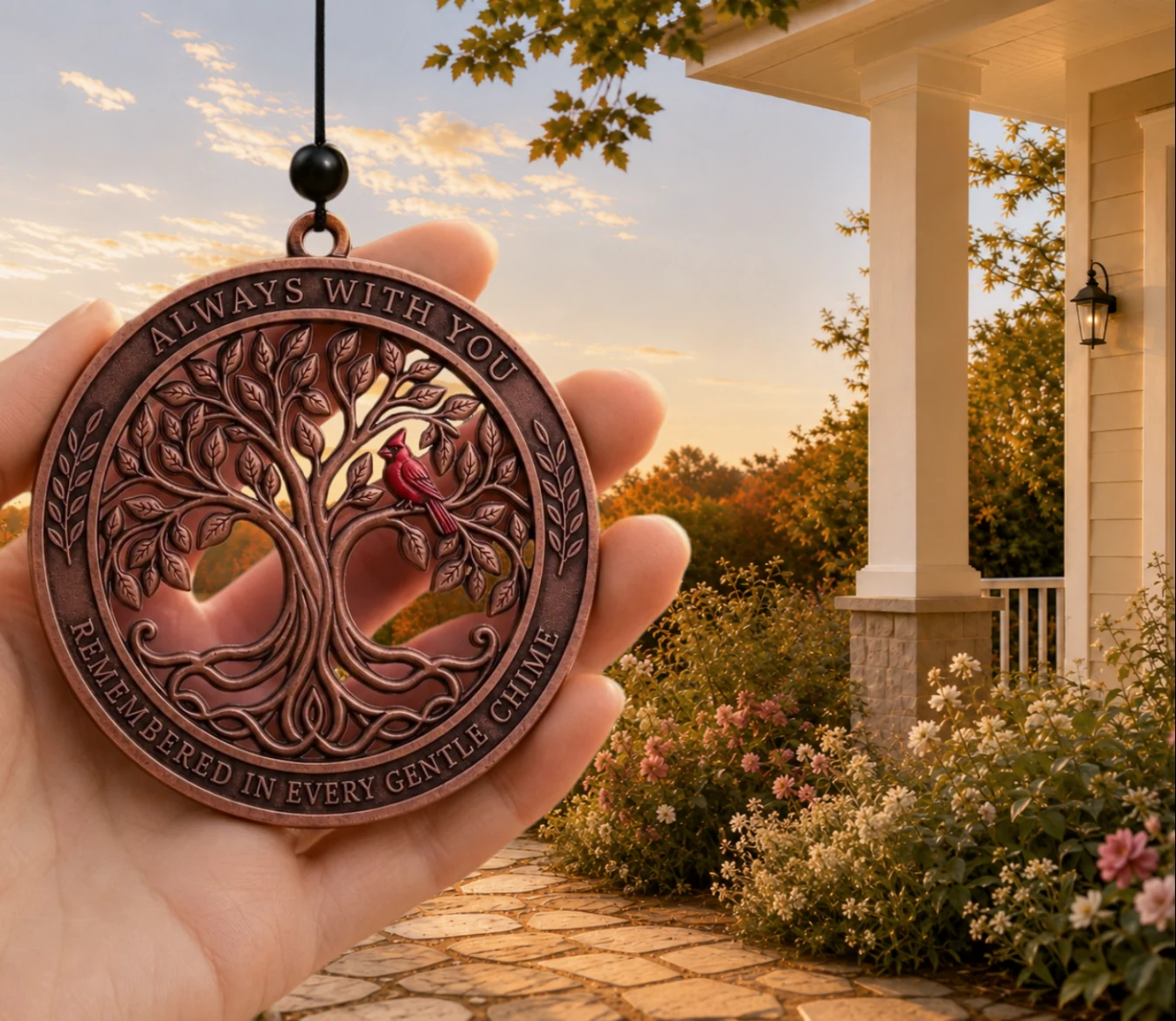 ORELROOT Tree of Life memorial medallion held against a warm porch and garden scene